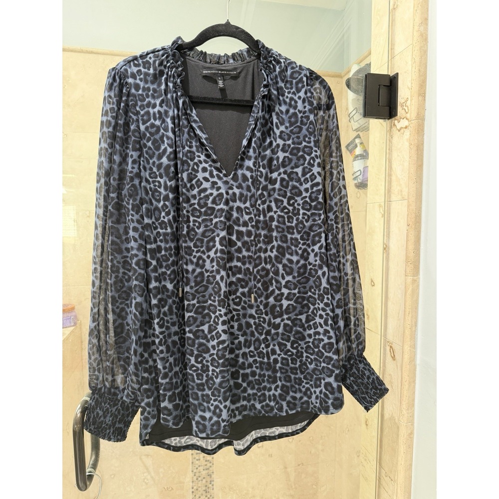White House Black Market Blue Leopard Print Chiffon Sleeve Blouse L